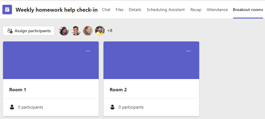 Breakout rooms tab with Room 1 and Room 2