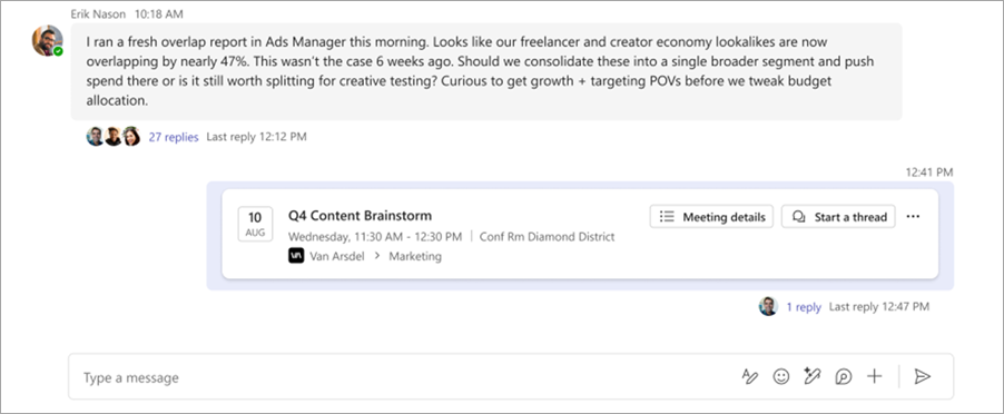 Screenshot showing the threaded meeting chat in a Microsoft Teams channel.