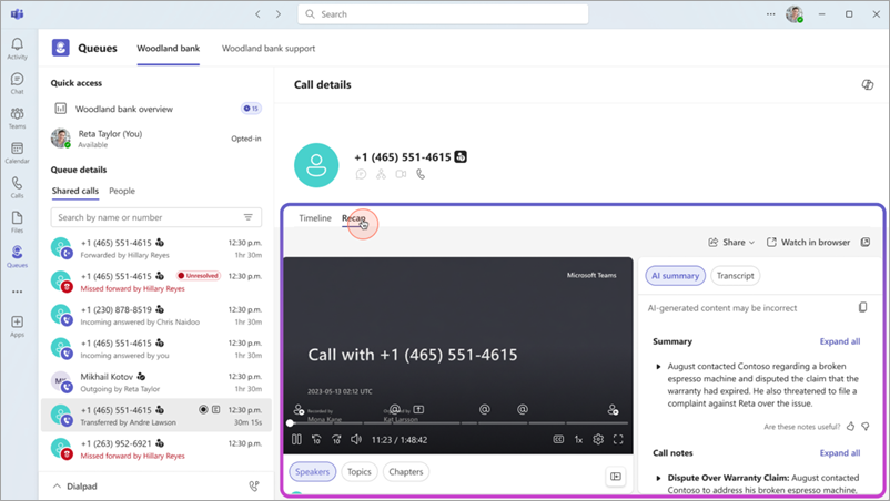 Screenshot showing intelligent call recaps in Teams