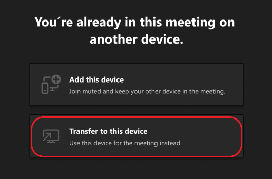 Transfer to this device option highlighted in Teams