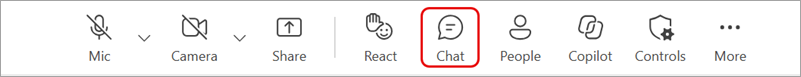 Screenshot highlighting the Chat icon in Teams meeting controls