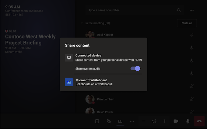Teams Room on Android screen showing Whiteboard option
