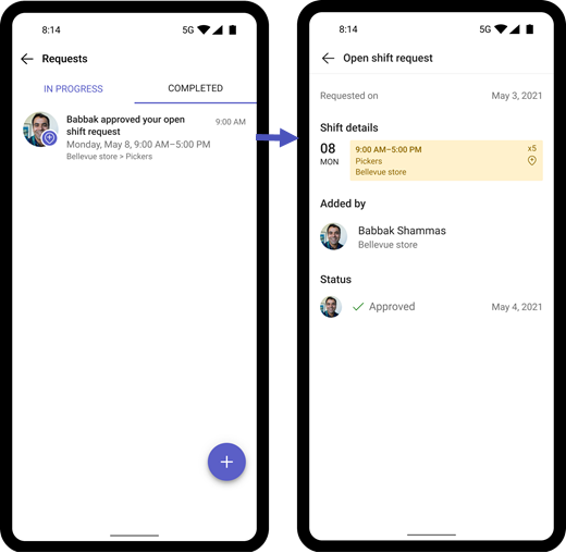 Screenshot of a notification and workers open shift request approved by a manager on mobile.