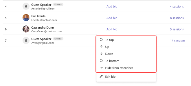 A Teams meeting screenshot showing the attendees list and options to adjust their positions: top, up, down, bottom, or hide.