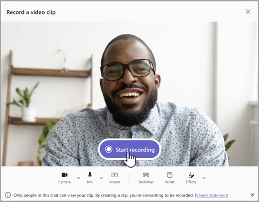 Screenshot of option to record a video clip in Microsoft Teams