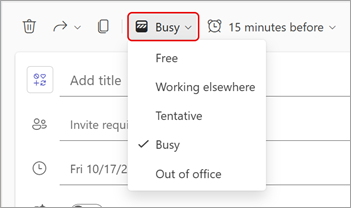 Screenshot of the dropdown menu for Shown as statuses in a Teams meeting.