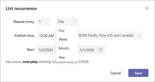Screenshot of the List recurrence dialog box, showing recurrence settings.