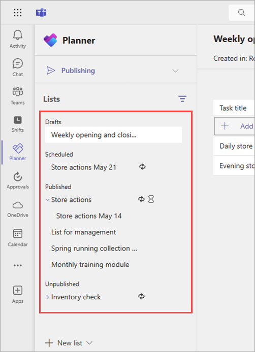 Screenshot showing the Drafts, Scheduled, Published, and Unpublished sections of the Publishing page of the Planner app.