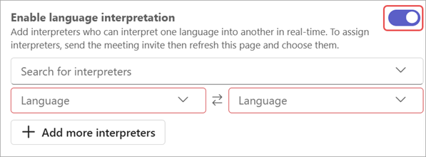 Screenshot showing language interpretation settings in meeting options.