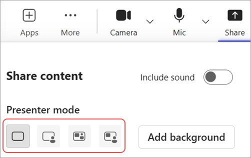 Screenshot highlighting different presenter modes in Microsoft Teams meeting controls.