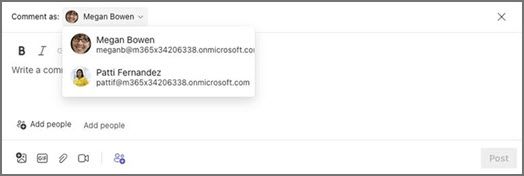 A drop-down menu for selecting a commenter, a text box for writing comments with bold and italic options, and a Post button.