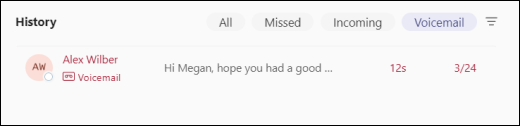 Voicemail tab selected in Teams call history