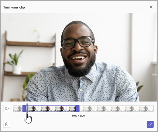Screenshot of a video clip in Microsoft Teams with the option to trim the clip.