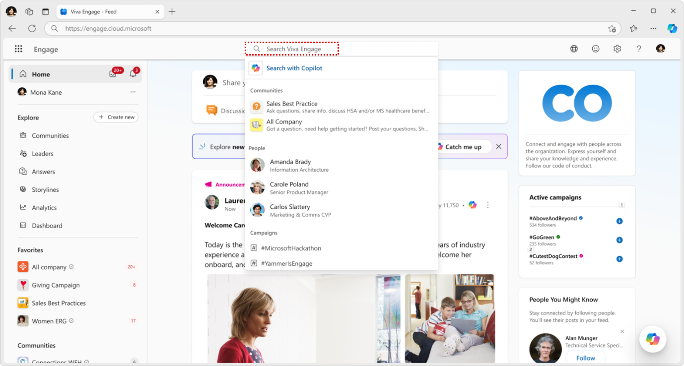 Viva Engage search bar also gives you a quick selection of the Copilot service