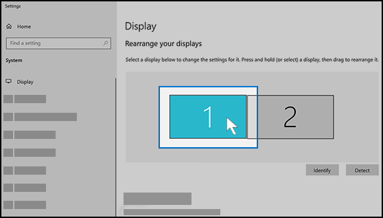 Windows 10 Display settings showing displays 1 and 2 in the Rearrange your displays section