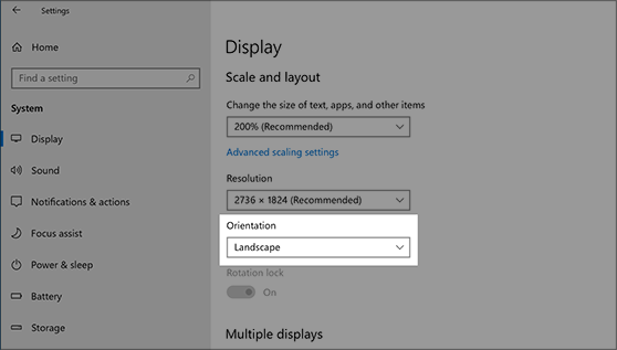 Windows 10 Display settings with the Orientation option set to Landscape