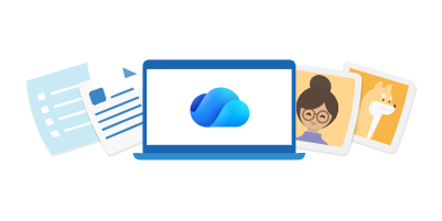 A folder surrounded by clouds and documents like charts and pictures