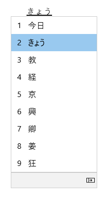 Conversion candidate window UI, showing conversion candidates of kyou.