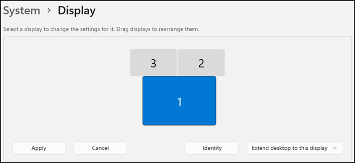 Shows the section of the Display screen that indicates how your monitors are arranged. Text says you can select a monitor to change its settings or drag displays to arrange them.