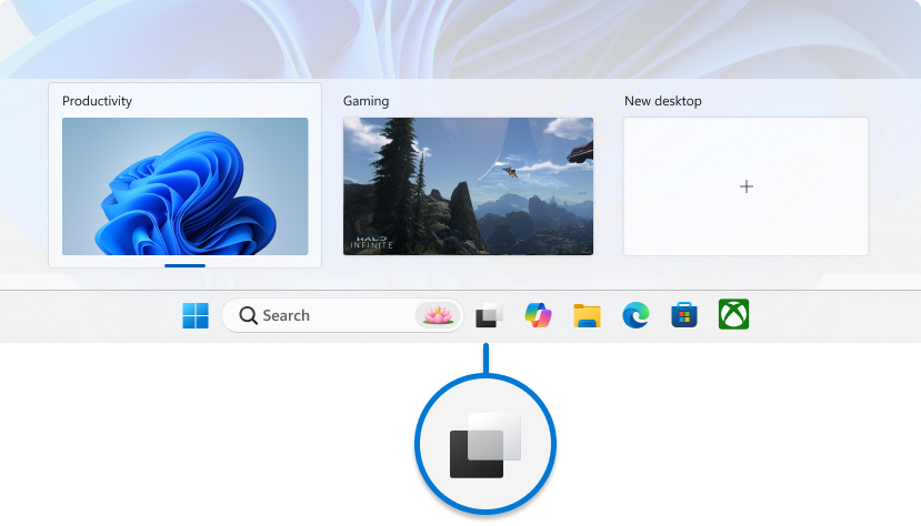 Screenshot of the Windows 11 taskbar with emphasis on the task view button.