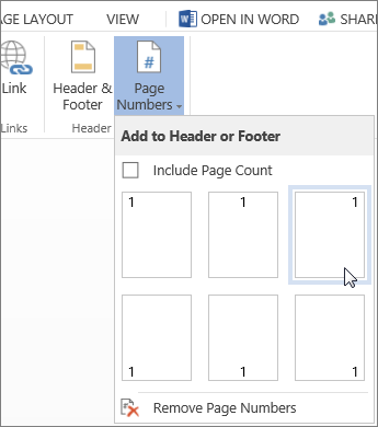 Page Numbers gallery with a page-number layout selected