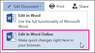 Edit Document menu with Edit in Word Online selected