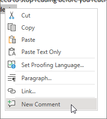 Word for the web context menu with New Comment selected