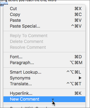 Word for Mac context menu with New Comment selected