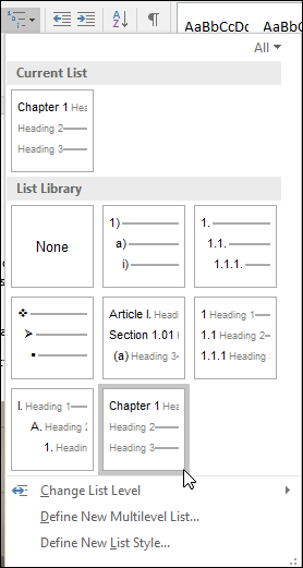 Use the Chapter Headings mutlilevel list to format chapter headings to be included in captions.