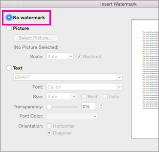 No watermark is selected in the Insert Watermark dialog box
